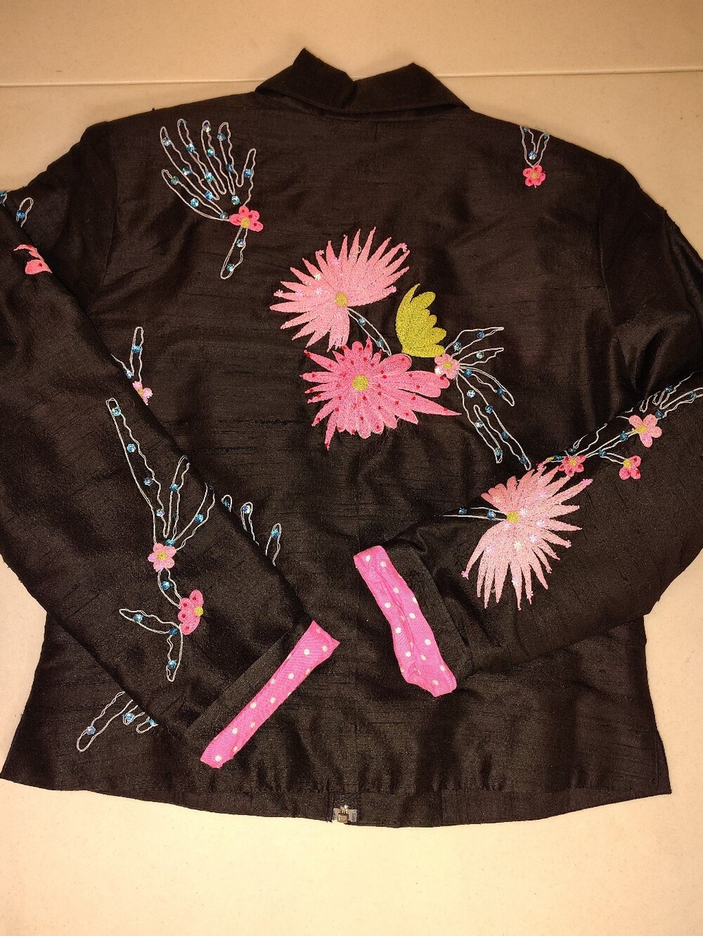 ANAGE 100% Silk Embroidered Floral Zip Jacket - Small - Black/Pink Boho Luxe - Picture 4 of 13